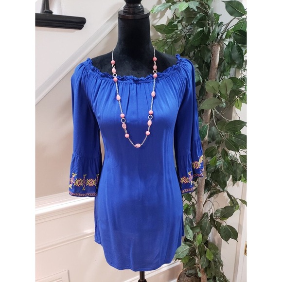 Umgee Women Blue Solid Polyester Scoop-Neck Long Sleeve Knee Length Dress Size S - Picture 12 of 12